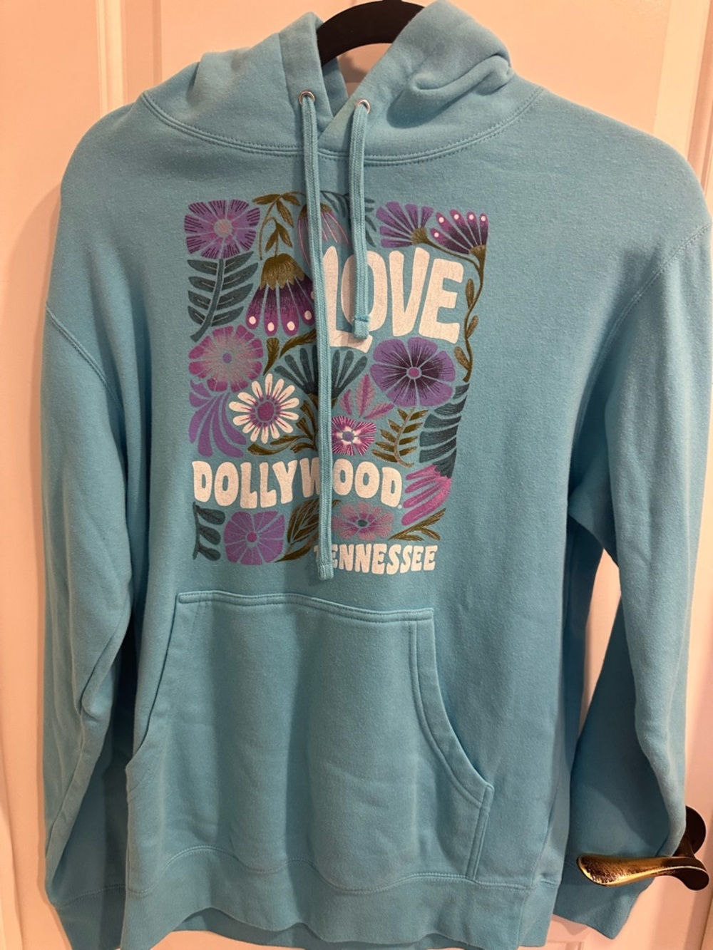 Light Blue Floral Graphic Love Hoodie Sweatshirt - Dollywood Tennessee size Med